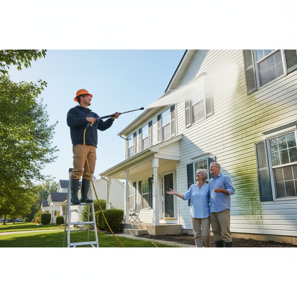 Pressure washing vinyl siding on Patchogue home exterior