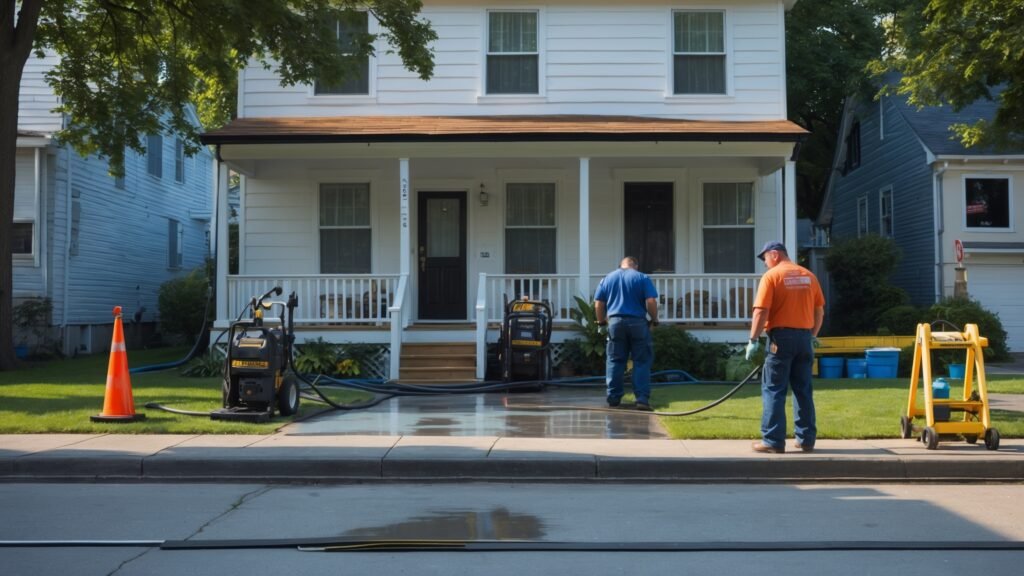 Professional pressure washing service cleaning Bellport home exterior to boost curb appeal before sale